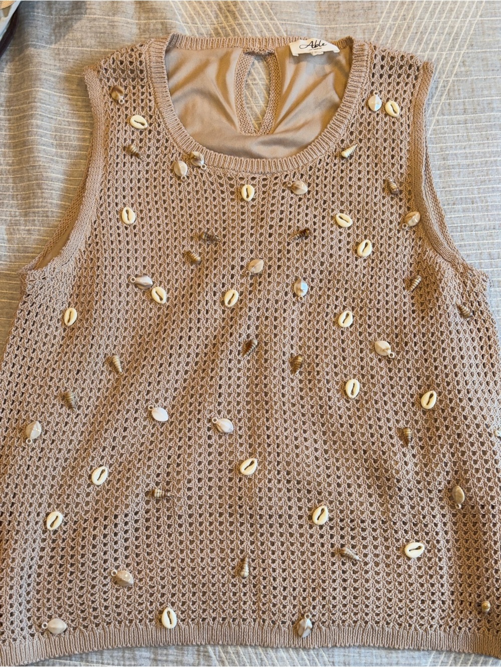 Able Tan Mesh Tank Top with Shell Embellishments